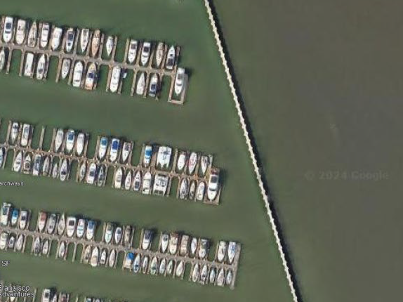 Aerial of the boat slips at Pier 39 marina, San Francisco